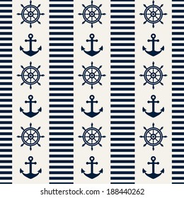 Nautical seamless pattern with steering wheels and anchors. Sea theme. Vector illustration.