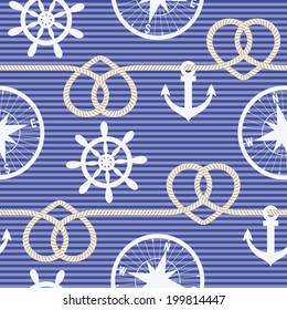Nautical seamless pattern. Striped background with ropes, anchor, compass and steering wheel. Vector illustration.