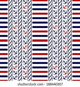 Nautical seamless pattern with stripes and anchors. Vector illustration. 