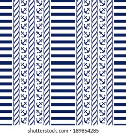 Nautical seamless pattern with stripes and anchors. Sea theme. Vector illustration.