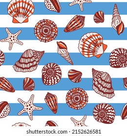 Nautical seamless pattern. Stripped marine vector background with seashells and fossils. Cute fashion print with sea animals