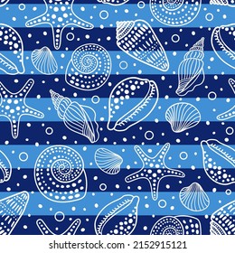 Nautical seamless pattern. Stripped marine vector background with seashells and fossils. Cute fashion print with sea animals