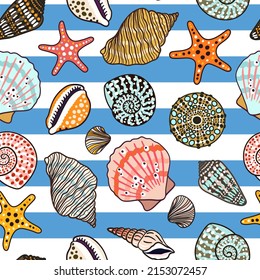 Nautical seamless pattern. Stripped marine vector background with seashells and fossils. Cute fashion print with sea animals