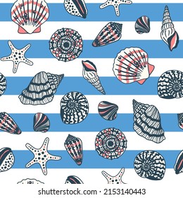 Nautical seamless pattern. Stripped marine vector background with seashells and fossils. Cute fashion print with sea animals