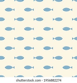 Nautical seamless pattern with swimming cartoon fish