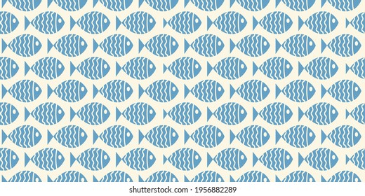 Nautical seamless pattern with swimming cartoon fish