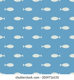 Nautical seamless pattern with swimming cartoon fish