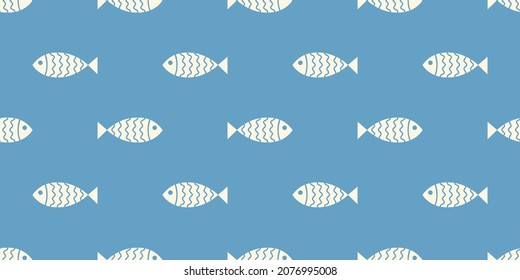 Nautisches nahtloses Muster mit schwimmenden Cartoon-Fischen. Vektorgrafik