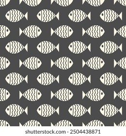 Nautical seamless pattern with swimming cartoon fish. Vector illustration