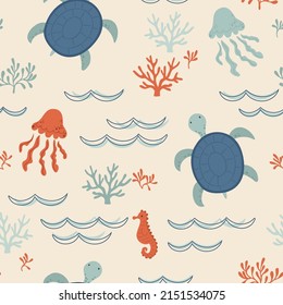 Nautical seamless pattern with turtle, coral, waves and medusa on beige background. Sea digital background with vector hand drawn elements. Seamless pattern for kids textile and scrapbook paper.