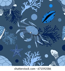 Nautical seamless pattern with turtle,crabs,shells and corals.Summer vector background.Textile texture