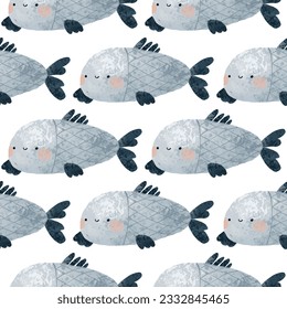 nautical seamless pattern with underwater life. Fishes and other animals. Under sea, deep water. Childish simple design