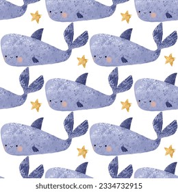 nautical seamless pattern with underwater life. Fishes and other animals. Under sea, deep water. Childish simple design