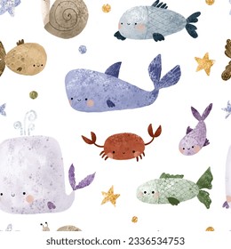 nautical seamless pattern with underwater life. Fishes and other animals. Under sea, deep water. Childish simple design