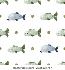 nautical seamless pattern with underwater life. Fishes and other animals. Under sea, deep water. Childish simple design