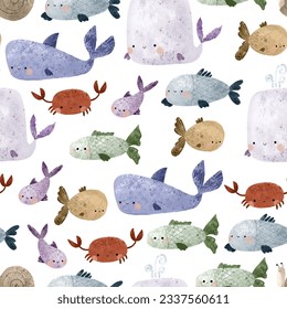 nautical seamless pattern with underwater life. Fishes and other animals. Under sea, deep water. Childish simple design