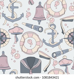 Nautical seamless pattern. Vector background with sailor objects in pastel palette.