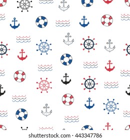 Nautical seamless pattern. Vector background with doodle marine symbols. 