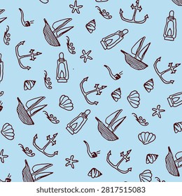 Nautical seamless pattern vector illustration with dark brown anchor sailboat bottle seashell doodle line art on light blue background