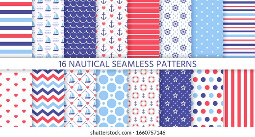 Nautical seamless pattern. Vector. Marine sea backgrounds with sailboat, anchor, wheel, stripe, zigzag, Lifebuoy. Set blue red prints. Geometric textures for baby shower, scrapbook. Color illustration