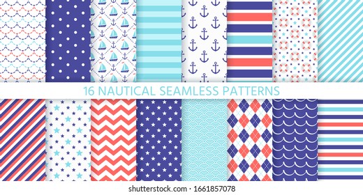 Nautical seamless pattern. Vector. Marine sea backgrounds with anchor, sailboat, waves, zigzag and stripes. Set blue summer texture. Geometric print for baby shower, scrapbooking. Color illustration