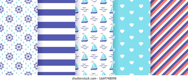 Nautical seamless pattern. Vector. Marine, sea backgrounds with sailboat, wheel, stripe and heart. Set summer texture. Geometric blue print for baby shower, scrapbooking. Color illustration