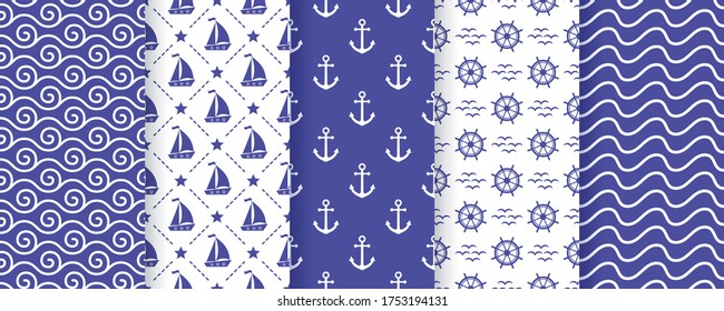 Nautical seamless pattern. Vector. Marine, sea backgrounds with sailboat, anchor, wheel, and waves. Set summer texture. Geometric blue print for baby shower, scrapbooking. Color illustration