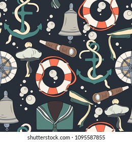 Nautical seamless pattern. Vector sea pattern with sailor objects in dark blue palette.