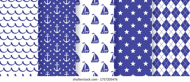 Nautical seamless pattern. Vector. Sea backgrounds with sailboat, anchor, star, waves and rhombuses. Set marine summer textures. Geometric blue print for baby shower, scrapbooking. Color illustration