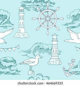 Nautical seamless pattern with wheel Hand drawn elements for summer holidays.Travel, sea and ocean. Vector Illustration