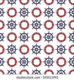 Nautical seamless pattern with wheel and ring lifebuoy.  Vector illustration