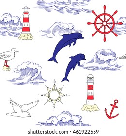 Nautical seamless pattern with and wheels and  dolphins. Hand drawn elements for summer holidays.Travel, sea and ocean. Vector Illustration