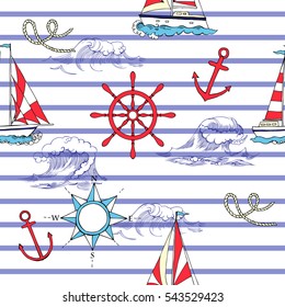 Nautical seamless pattern with and wheels and  dolphins. Hand drawn elements for summer holidays.Travel, sea and ocean. Vector Illustration