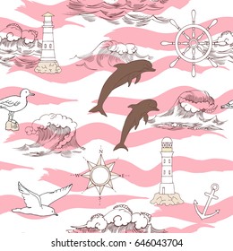 Nautical seamless pattern with and wheels and  dolphins. Hand drawn elements for summer holidays.Travel, sea and ocean. Vector Illustration