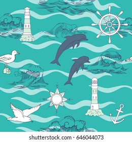 Nautical seamless pattern with and wheels and  dolphins. Hand drawn elements for summer holidays.Travel, sea and ocean. Vector Illustration