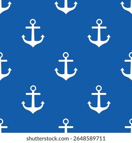 Nautical seamless pattern with white anchor silhouette in polka dot order on navy blue background in cartoon flat style. Classic marine design perfect for fabric, wrapping, decor, and summer themes.