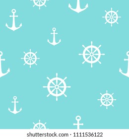 Nautical seamless pattern with white helms and anchors on powder blue. Ship and boat steering wheel ornament. Marine background with rudder. Summer vector flat illustration.