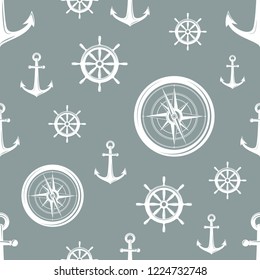 Nautical seamless pattern with white helms, anchors  and compass on  grey. Ship and boat steering wheel ornament. Marine background with rudder. Summer vector flat illustration.