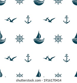 nautical seamless pattern with yacht, helm, anchor and seagulls on white background