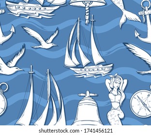 nautical seamless pattern with yachts, mermaid, anchor, compass and seagulls