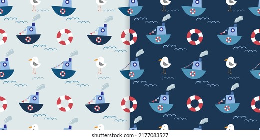 Nautical seamless patterns set with cute boats, seagull and life buoy, doodle style, decorative summer wallpaper, background