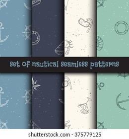 Nautical seamless patterns set. Hand drawn vector illustration.