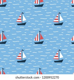 Nautical seamless patterns, yacht silhouette on wave, travel adventure vector illustration