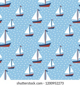 Nautical seamless patterns, yacht silhouette on wave, travel adventure vector illustration