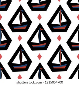 Nautical seamless patterns, yacht silhouette on wave, travel adventure vector illustration