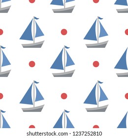 Nautical seamless patterns, yacht silhouette on wave, travel adventure vector illustration