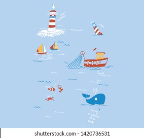 Nautical seamless print with lighthouse in cartoon vector style.kids print