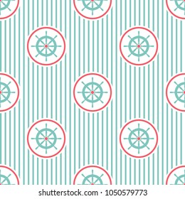 Nautical seamless striped pattern with blue helms on white. Ship and boat steering wheel ornament. Marine background with rudder. Summer vector flat illustration.