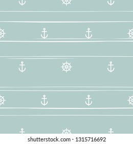 Nautical seamless striped pattern with white helms and anchors on powder blue. Ship and boat steering wheel ornament. Marine background with rudder. Summer vector flat illustration.