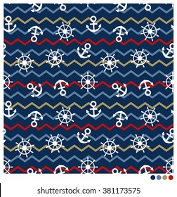 Nautical seamless vector pattern with anchor and boat steering wheel on zigzag background